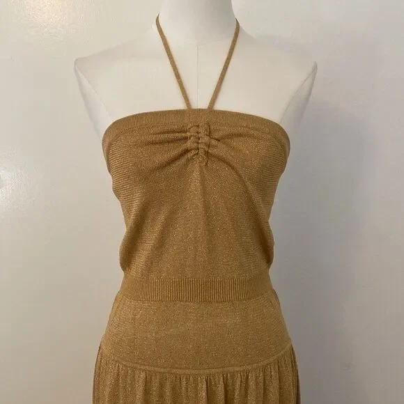 BCBG Gold Metallic Sweater Knit Halter Midi Dress Size Large - Picture 3 of 13